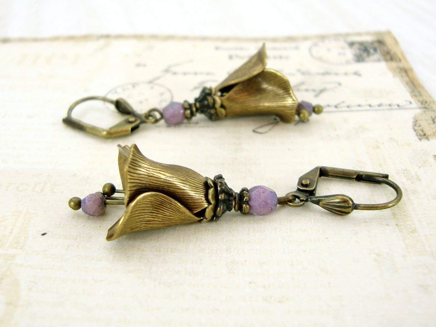 Handmade Victorian Style Brass Flower Earrings with Lavender Czech Glass Beads and Dangles