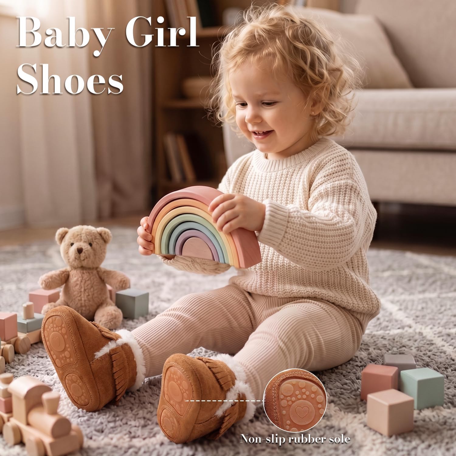 HONGTEYA Baby Moccasins with Fur Fleece Rubber Soles Warm Snow Boots Leather Baby Shoes for Boys Girls image 2