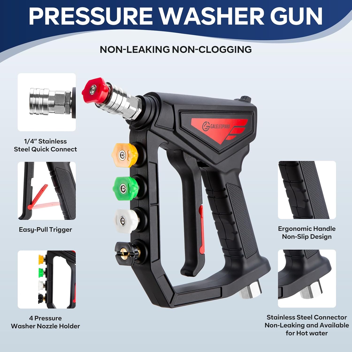 Short Pressure Washer Gun with Nozzle Holder, 5000 PSI High Pressure Washer Gun with 5 Nozzle Tips, 3/8'' Quick Connect, M22-14 mm and M22-15 mm Fittings, Power Washer Gun for Car Wash