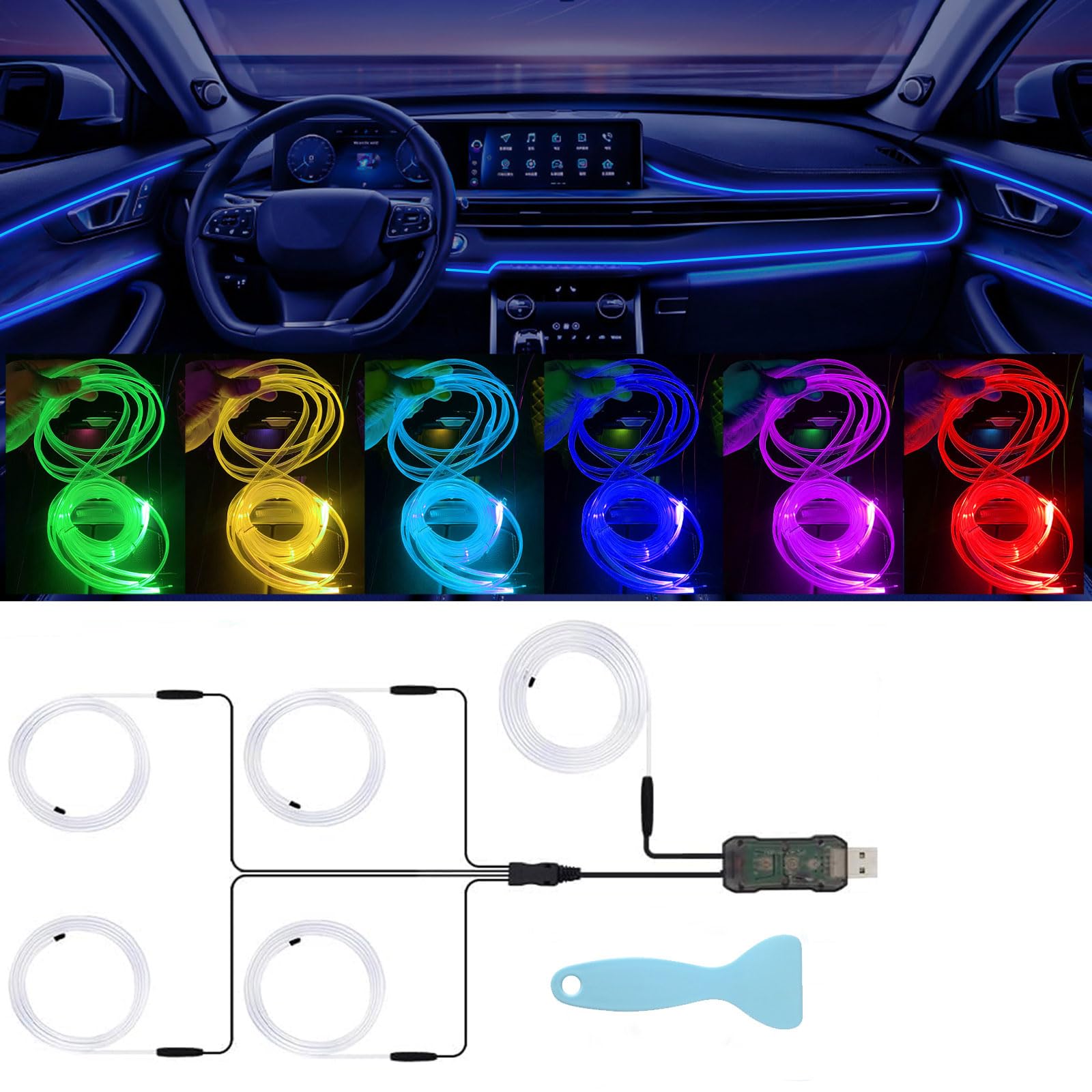YUGUANG Interior Car LED Strip Lights, 6 in 1 Ambient Lighting Car Kits mit USB-Steuerung 16 Millionen Farben Musik Sync Fiber Optic Cars Interior Neon Light Strip