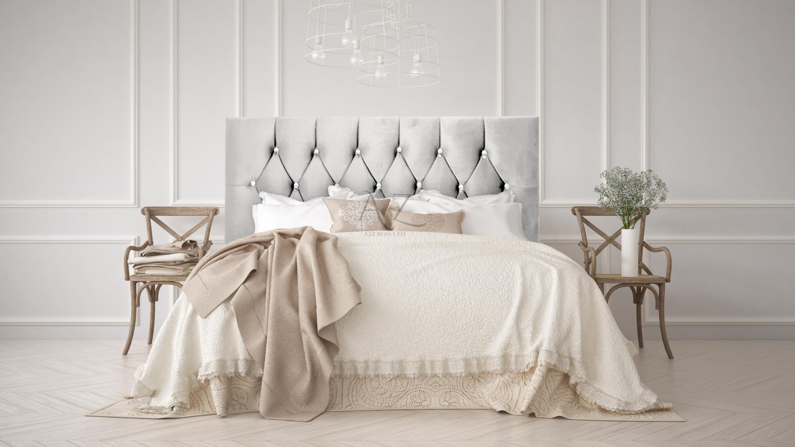 Chesterfield 20" Headboard Plush Velvet 3FT-4FT-4FT6-5FT-6FT (Cream, 6FT Superking)