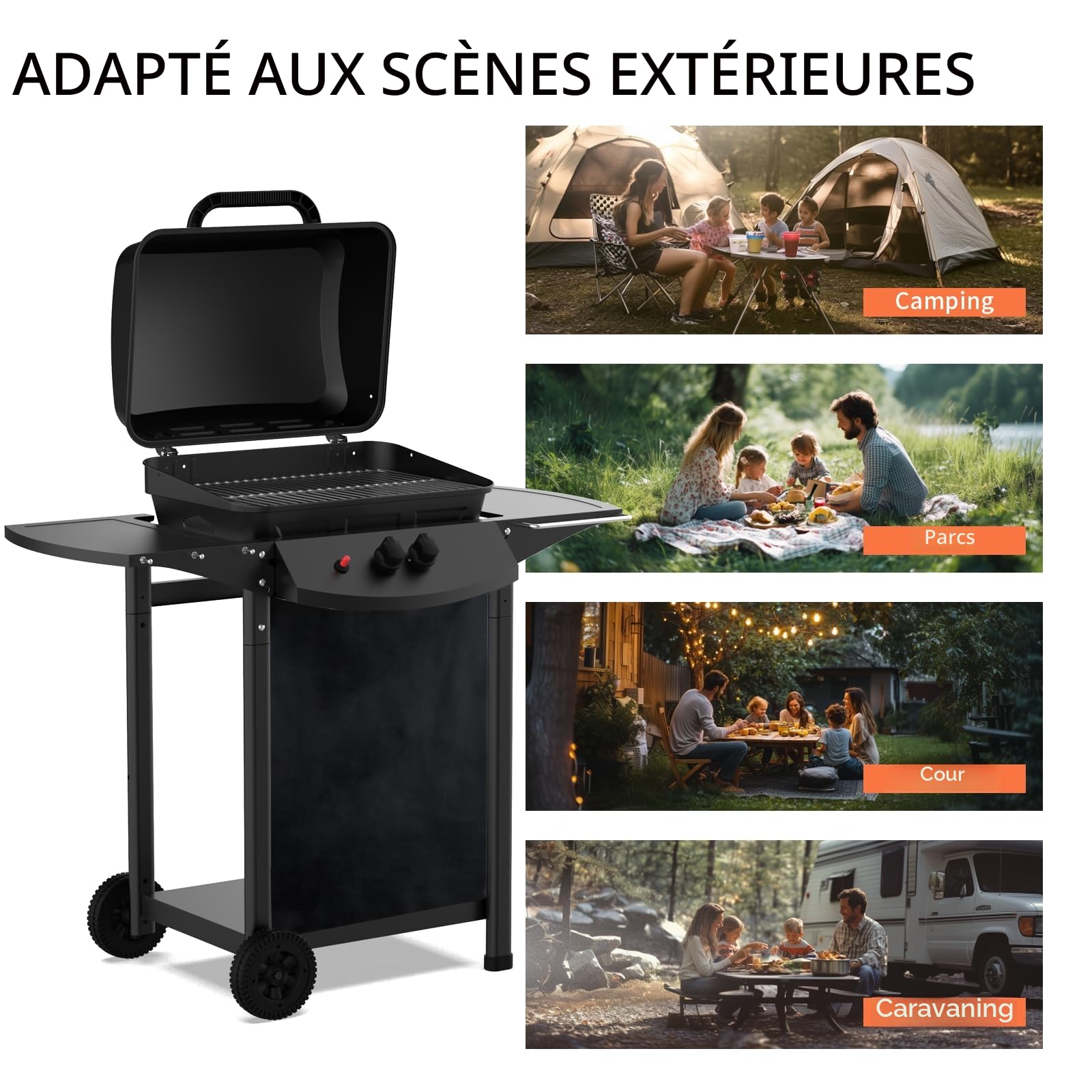Topwish barbecue gaz, barbecues à gaz 2 brûleurs,plancha gaz exterieur,étagère rabattable en latéral, sur roulettes,6000W,106.44 * 55.6 * 103.85cm