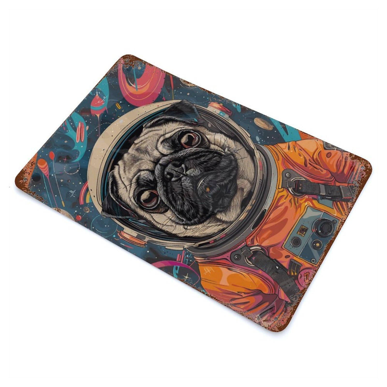 Rust Effect Animal Pug Astronaut Space Rusty Metal Tin Sign 11.8"x7.9", Old School Wall Decor for Basement, Hobby Room And Garage Decor