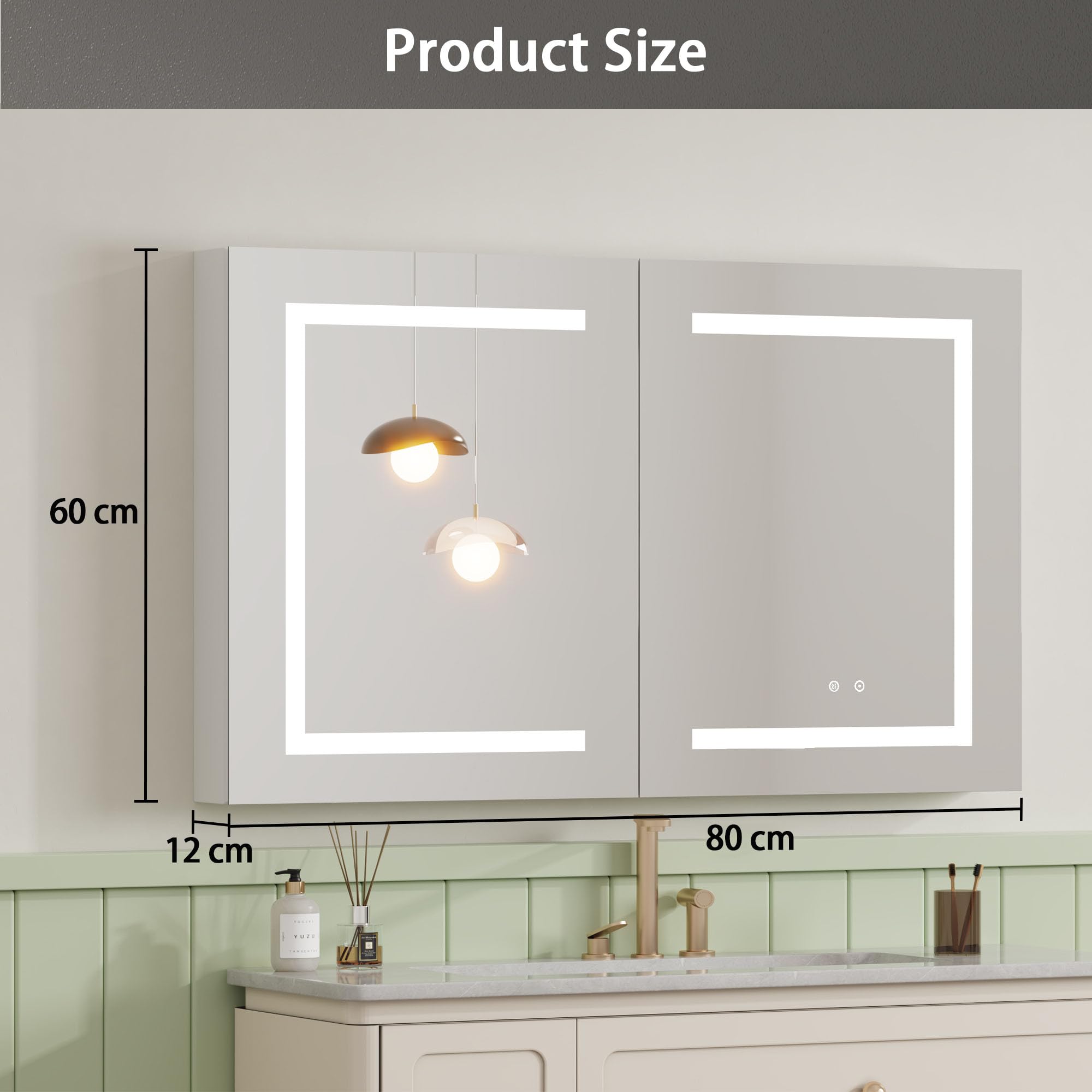 100% Premontado Armario Espejo Baño 80x60 cm con Luz LED, Antivaho, Enchufe y USB, Armario de Baño de Aluminio, Estantes de Cristal Regulables, Montaje en Pared para Cuarto de Baño