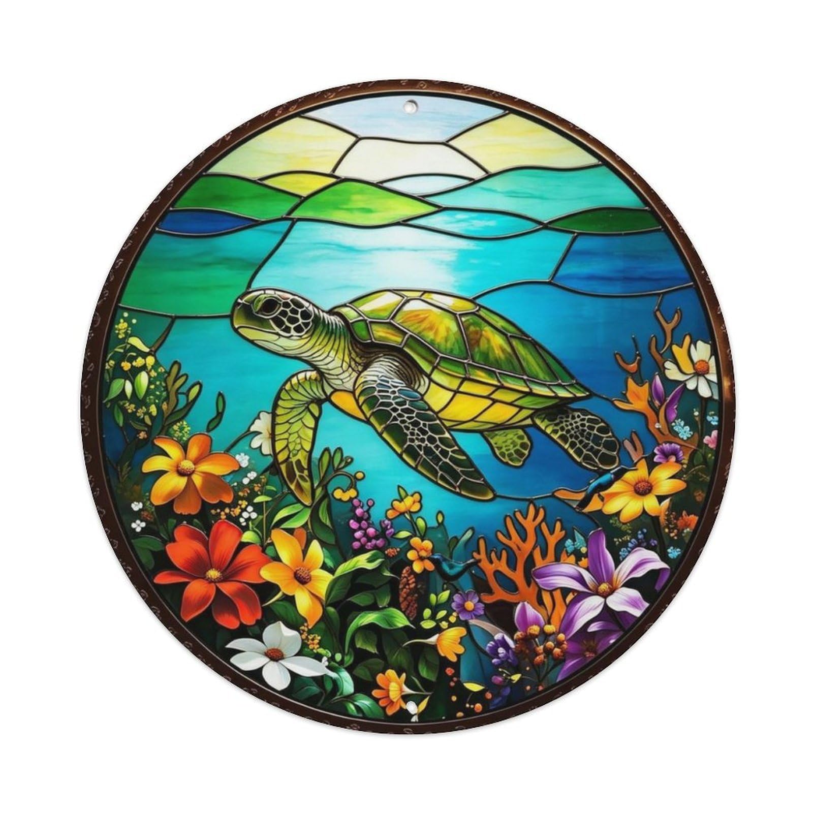 Sea Turtle Swimming Coral Reef Stained Glass Metal Tin Sign Plaque