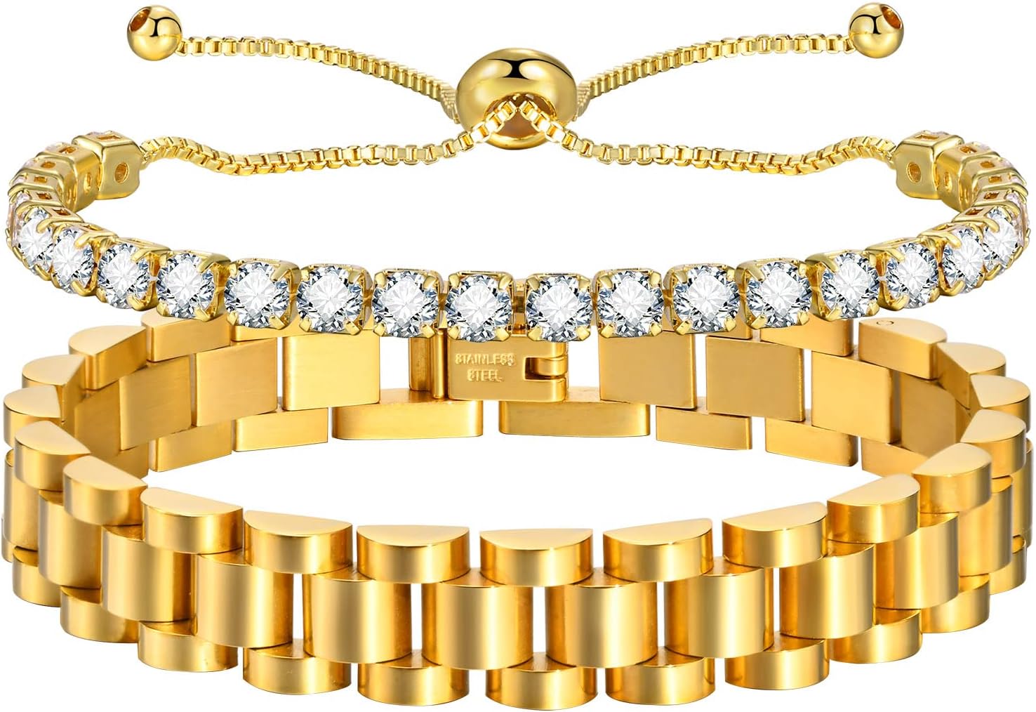 MPRAINBOW 2pcs 18K Gold Plated Chain Link Bracelet, Stainless Steel Crystal Friendship Bracelets Bangle,Watch Band Chains Wristband Jewelry with Adjust Tool
