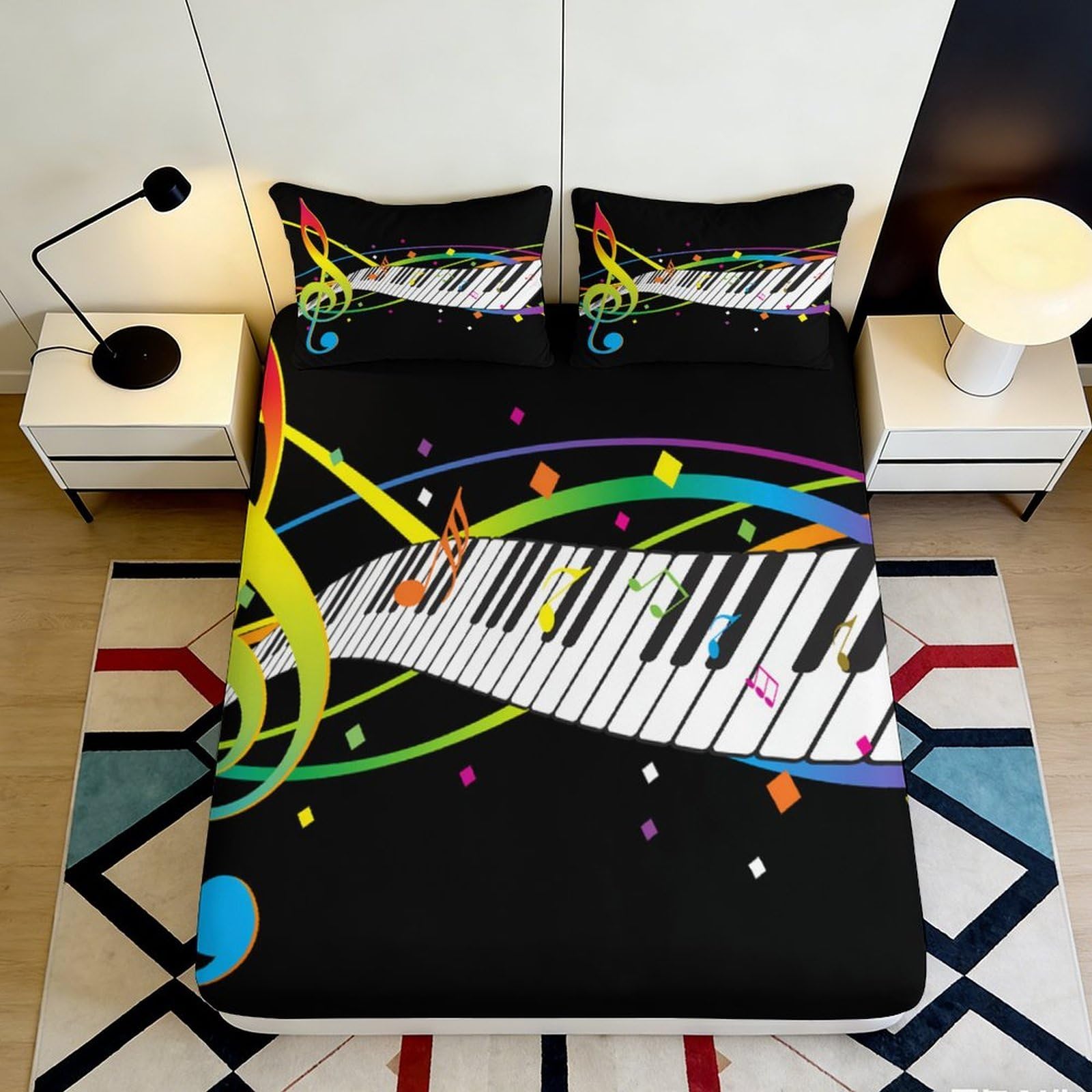 3D Printed Colorful Music Notes Fitted Sheet Microfiber Soft Breathable Piano Keys Bed Cover for Bedroom Dormitory Guest Room Mattress Protection 140x200x25cm