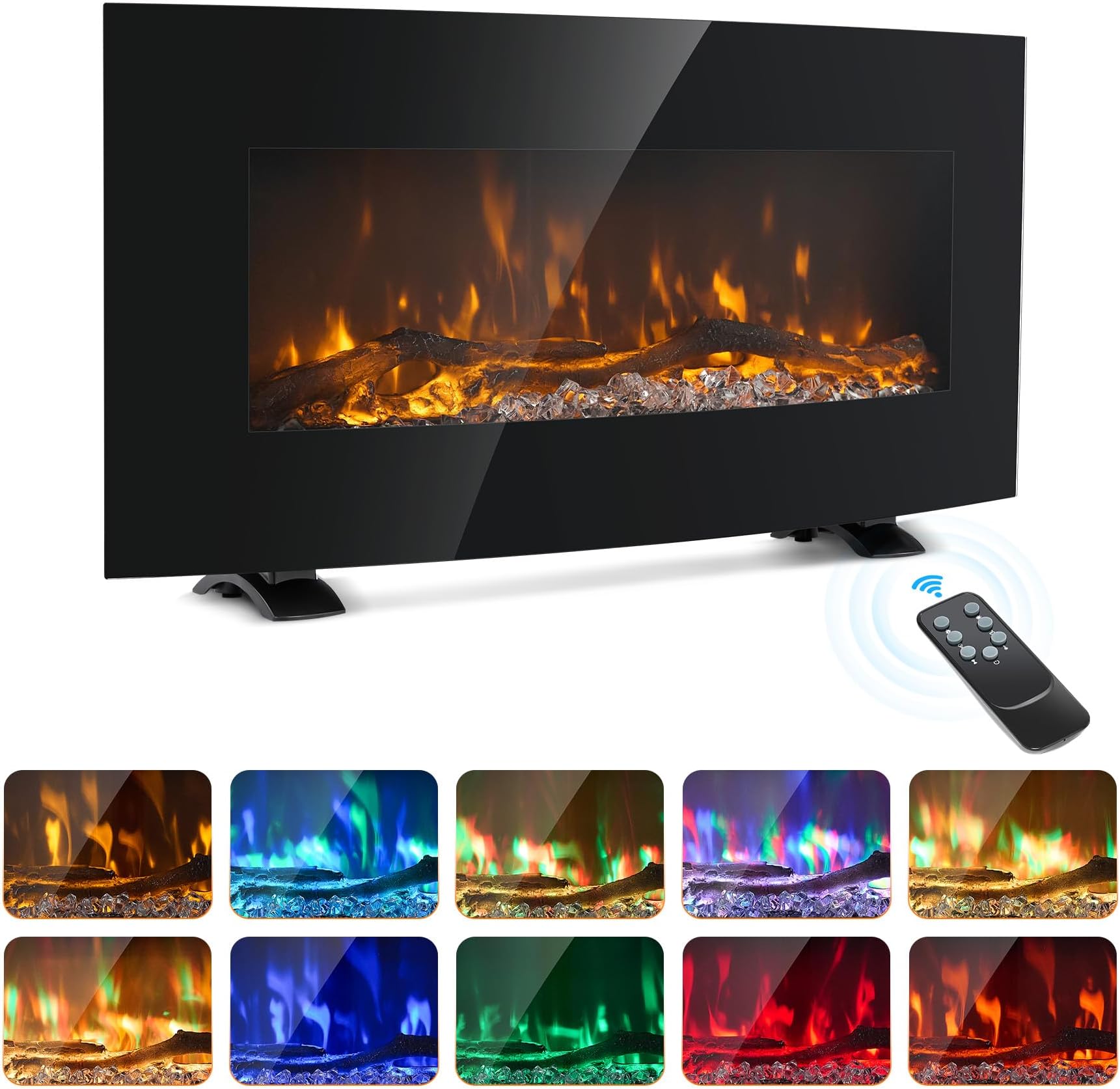 Electric Fireplace Heater 85cm Freestanding or Wall Mount 3 Flame Effect Burner for Bedroom Living Room, 900W 1800W Curved Log Display with Remote Thermostat Timer Colour & Brightness Settings