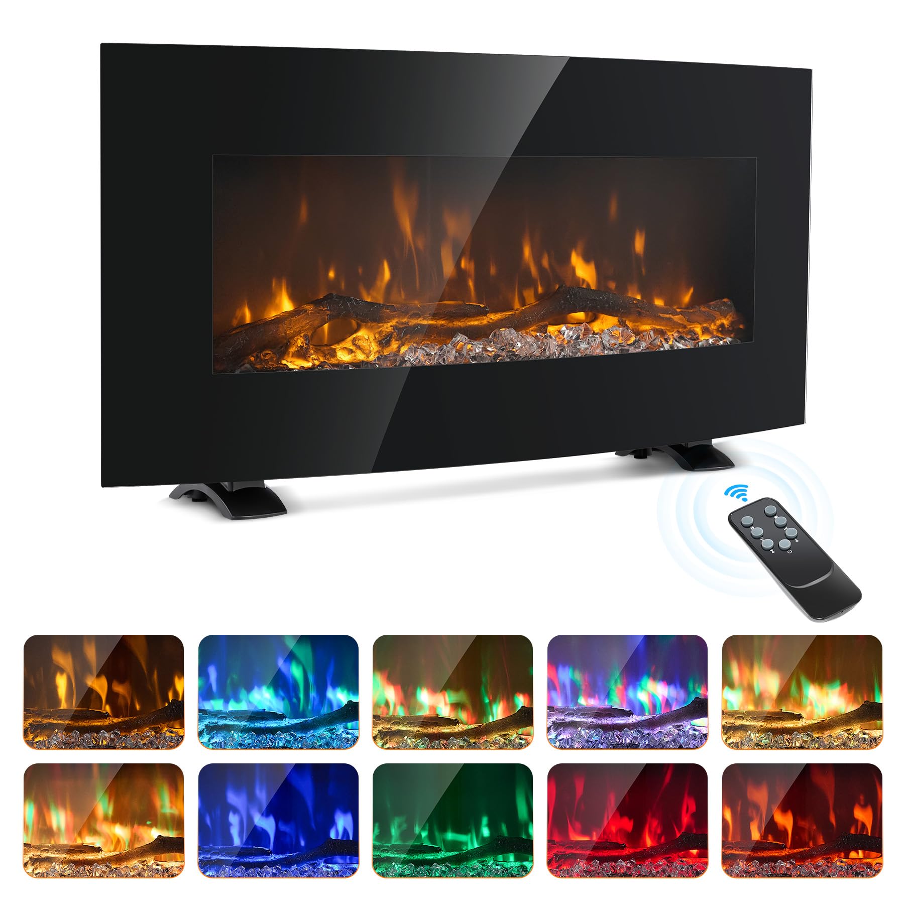 VONLUCE Electric Fireplace Heater 85cm Freestanding or Wall Mount 3 Flame Effect Burner for Bedroom Living Room, 900W 1800W Curved Log Display with Remote Thermostat Timer Colour & Brightness Settings
