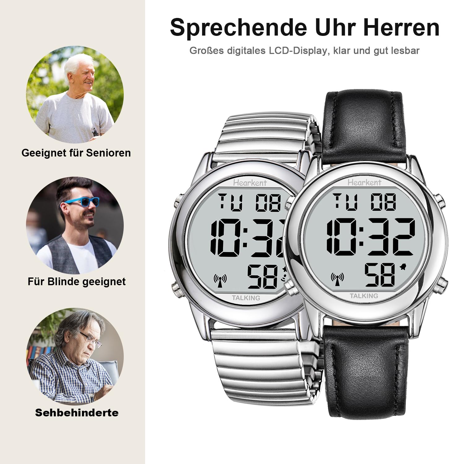 Hearkent Herren Sprechende Uhr Deutsch Ankündigung,Senioren Armbanduhr-2117 | Sehbehinderte Uhren Blindenuhr,Große Digitale Funkuhr,Durchdachte Geschenke