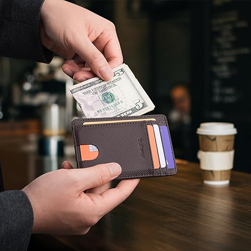 Miniatura 37 de Buffway - Billetera delgada minimalista de cuero con protección RFID para hombre y mujer