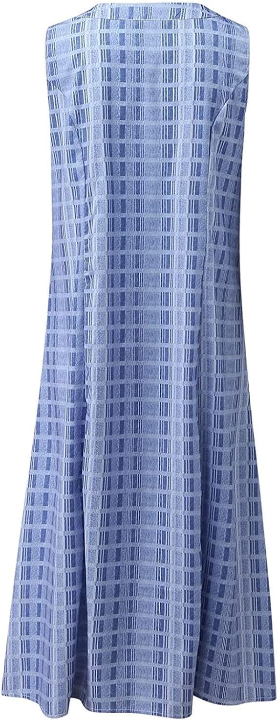 Women Casual Stripe V Neck Sleeveless Long Dress with Pocket Summer Beach Dress