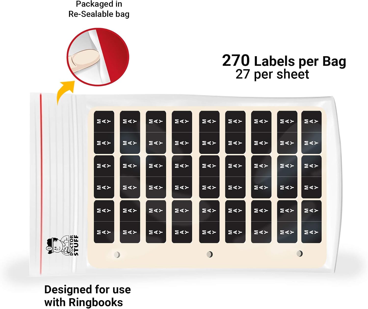 Doctor Stuff - File Folder Month Labels, Ringbook Sheets, May, Reynolds & Reynolds - RM3R Series Stickers, Black, 3/4" x 1-1/2", 270 Labels/Pack