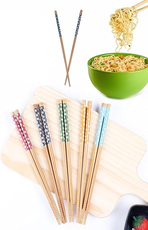 5 Çift Chopstick Yıkanabilir Organik Ahşap Desenli Bambu Yemek Çubuğu