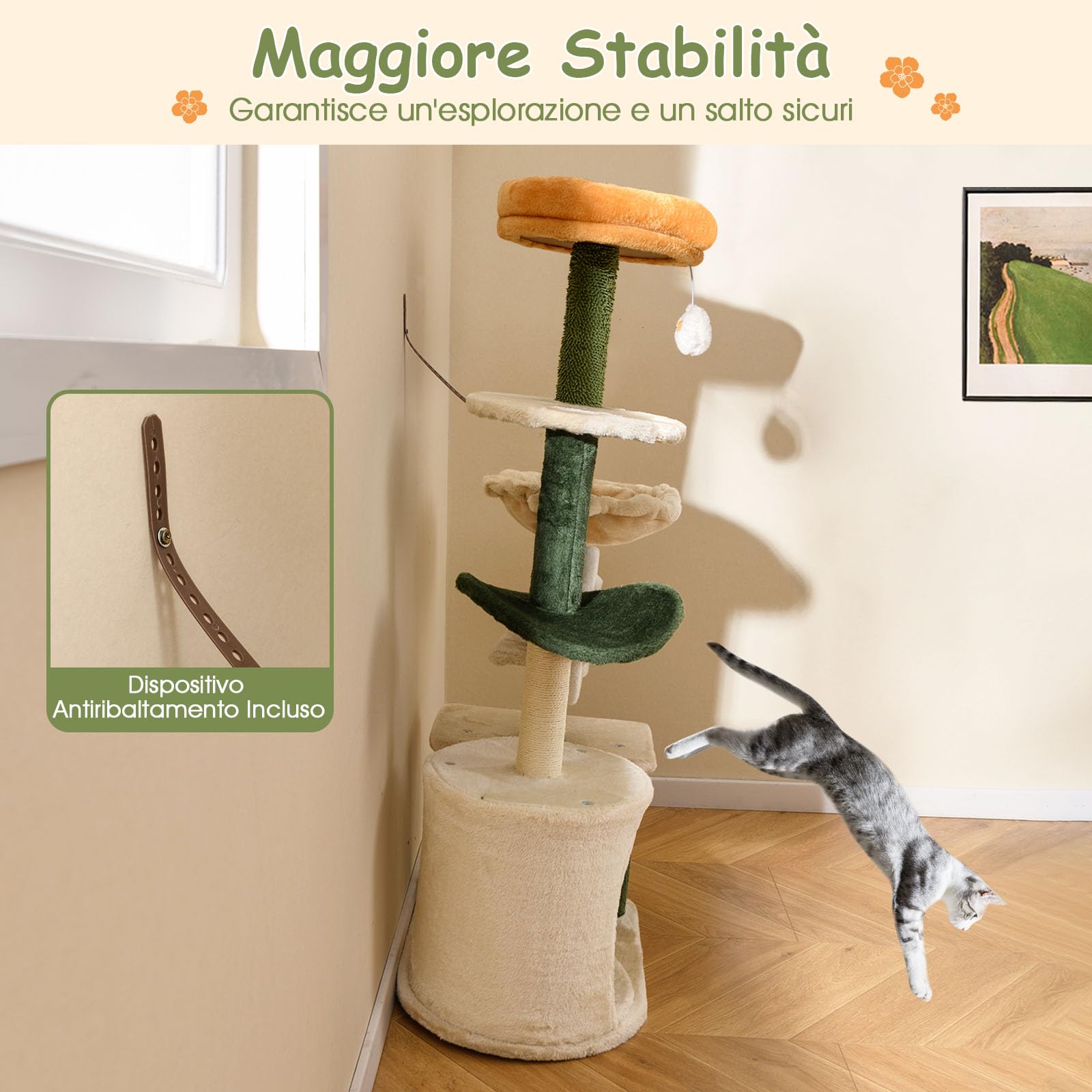 COSTWAY Tiragraffi per Gatto Alto 114 cm Forma di Fiore, Albero Tiragraffi Gatto con Amaca, Grotta e Palla Pompon, Torre Tiragraffi per Gatti con Pali e Tavola in Sisal, Verde e Beige