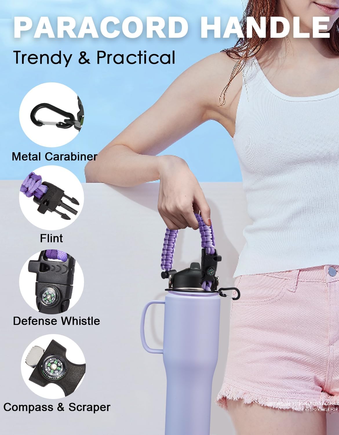 32 OZ Insulated Water Bottle Tumbler - with Straw & Spout Lid, Paracord Handle, Stap Carrying Case, Cold-48H & Hot-24H, Stainless Steel Tumblers with Handle, Slim Water Bottle that Fits in Cup Holder - Image 6