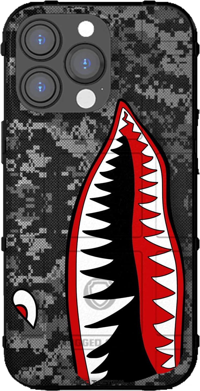 EGO TACTICAL Limited Edition Rugged Shield case Compatible with iPhone 14 Pro Max [6.7" Screen] Printed in The USA P-40 Flying Tigers Warhawk Tiger Shark Teeth on Black Ops Camo