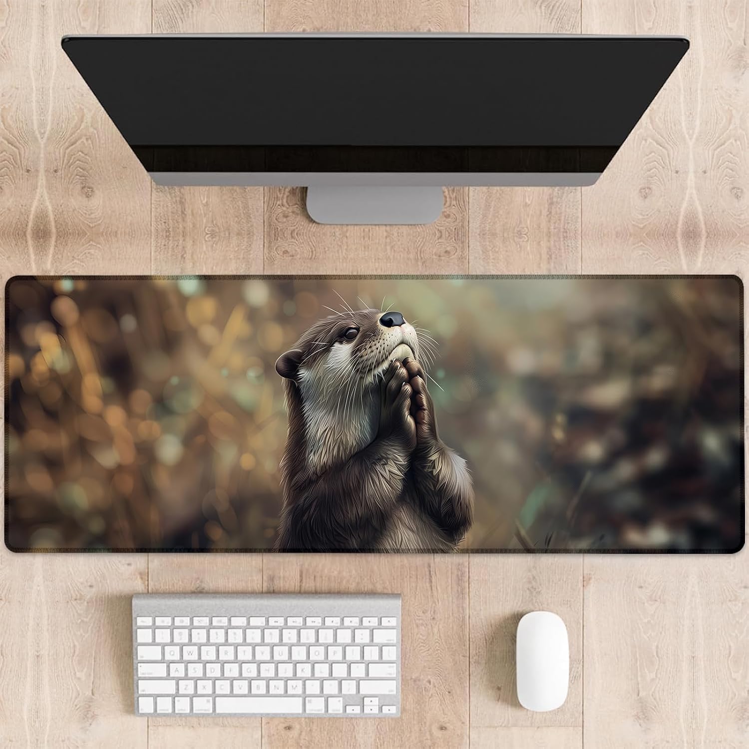Praying Otter Gaming Mouse Pad, Large Cute Animal Desk Mat for Computer, Extended Keyboard Laptop Mouse Pads 31.5×11.8in, Non Slip Rubber Mousepad for Office Decor Nature Lovers Gifts