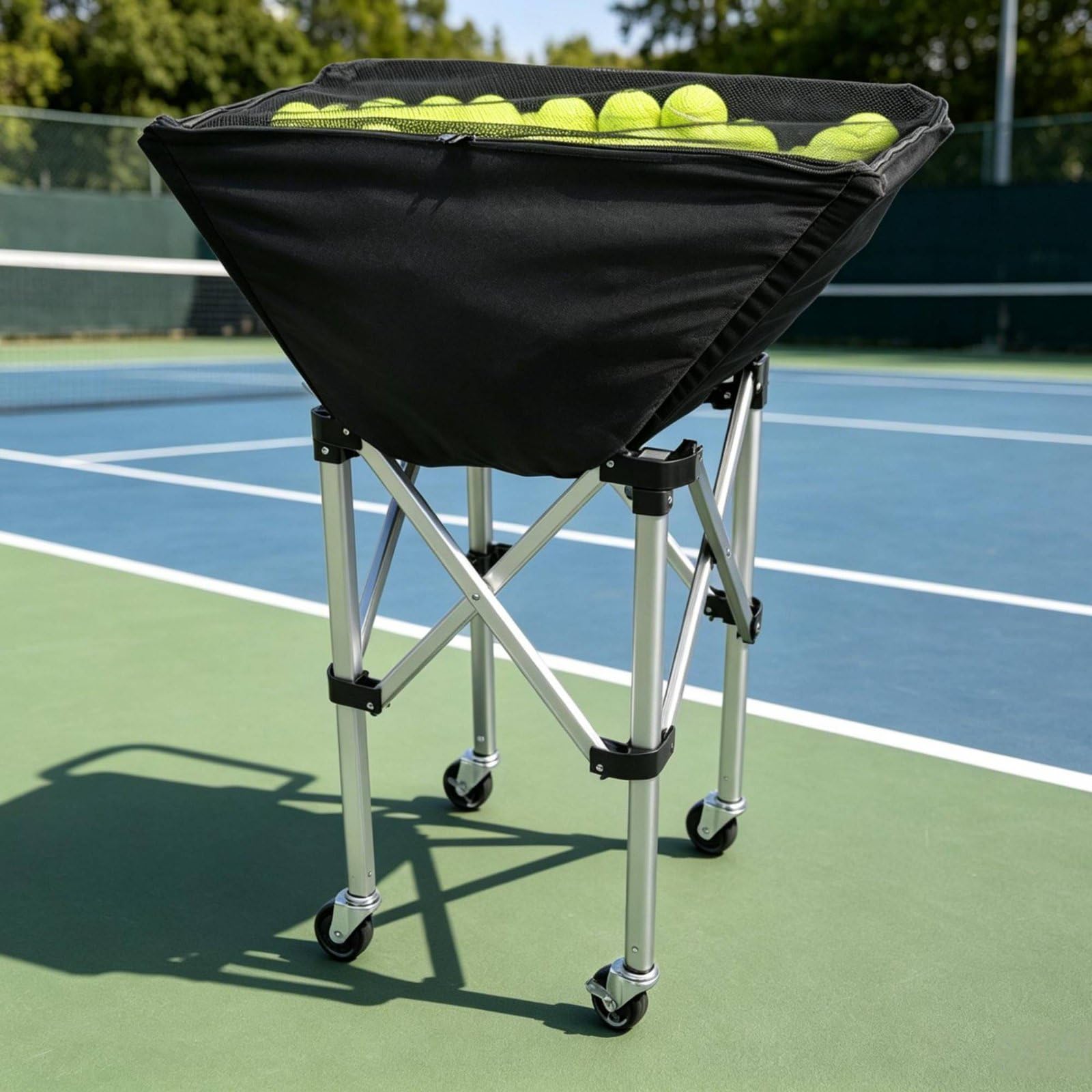 Carro de Pelotas Plegable Portátil Cesta Deportiva con Ruedas Contenedor de Práctica Resistente y Ligero para Traslado Plegable para Guardar, Plata