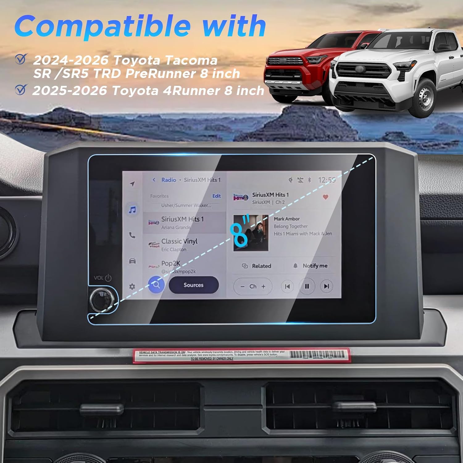 Screen Protector Compatible with 2024 2025 2026 Toyota Tacoma SR /SR5/TRD PreRunner, 2025-2026 Toyota 4Runner Display Accessories, 8 inch HD Tempered Glass Navigation Touch Screen Film