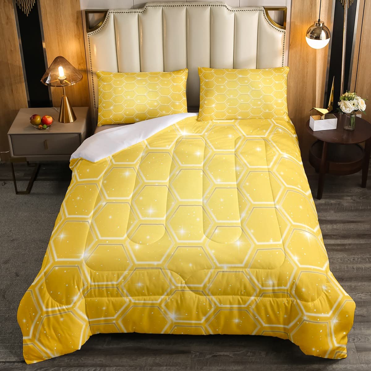 Parure de lit hexagonale en duvet nid d'abeille avec finitions géométriques haut de gamme