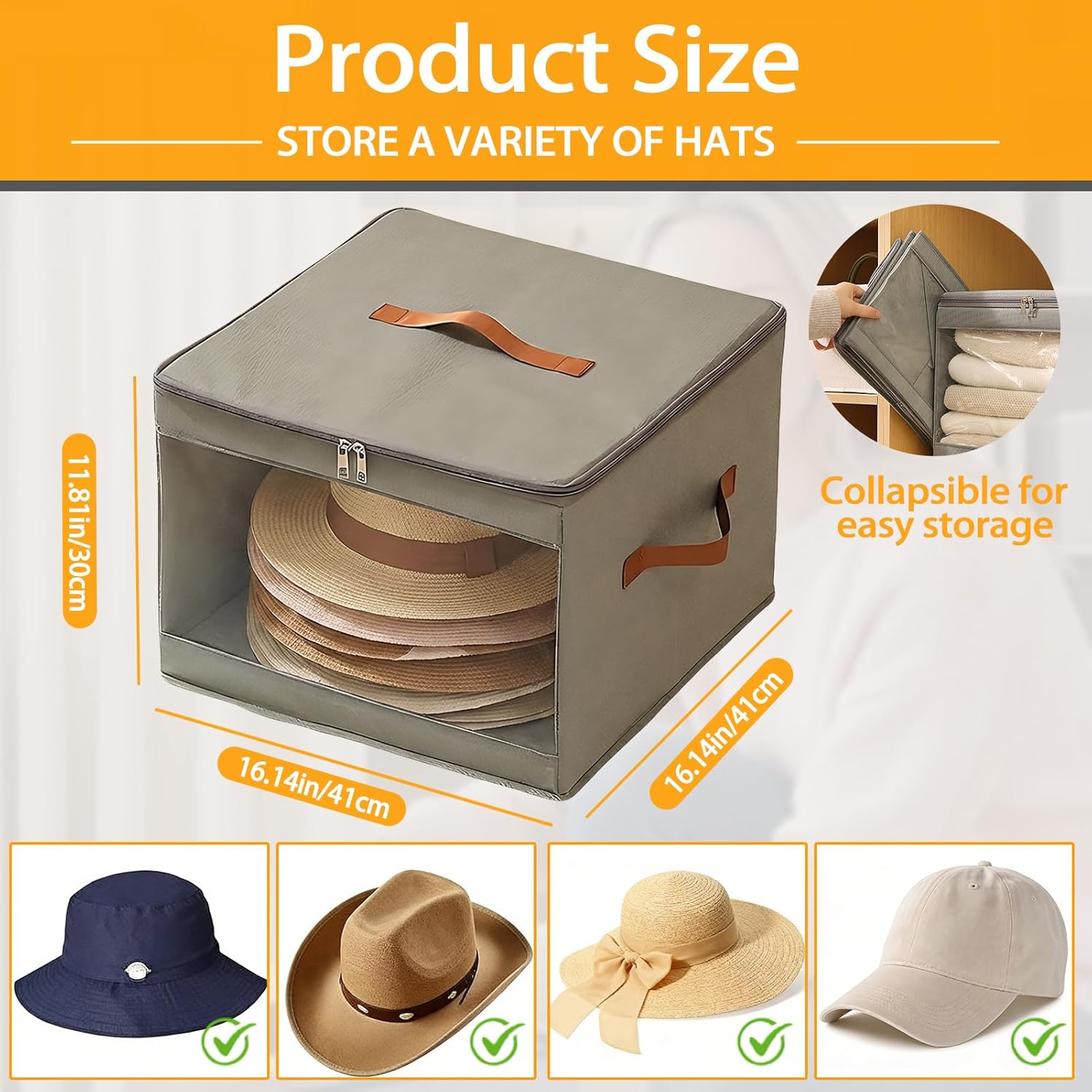 2 Pack Large Hat Storage Box Stackable Cowboy Hat Organizer Box baseball Hat Storage Bag Travel Hats Case for Living Room Dorm Closet Grey L