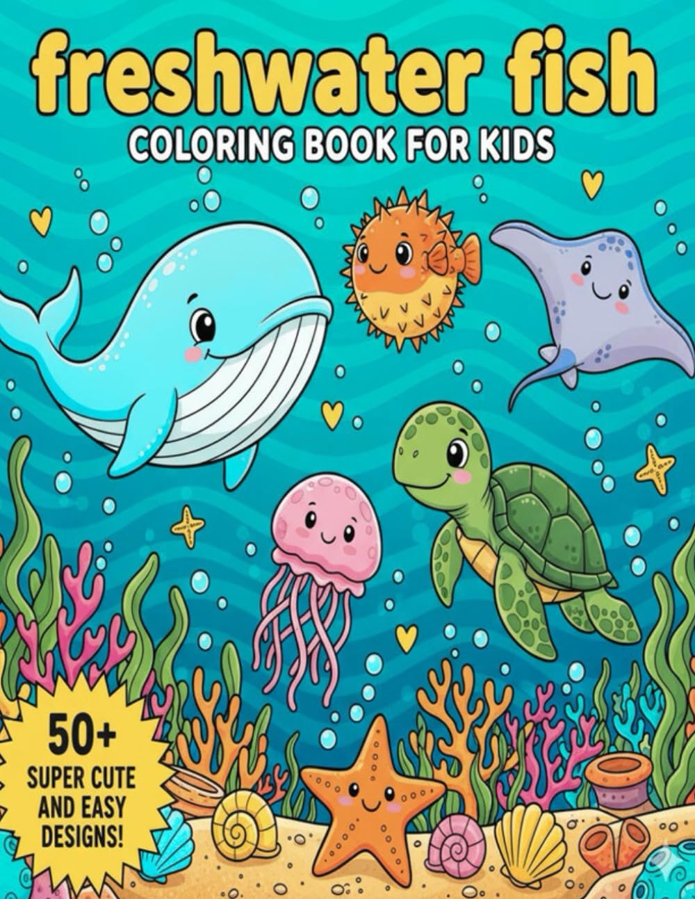 Freshwater Fish and ocean coloring book for kids: Fun and Easy Coloring Pages of Whales, Dolphins, Sharks, Turtles, and More – Perfect Ocean Adventure for Kids Ages 4-8, bold Easy coloring
