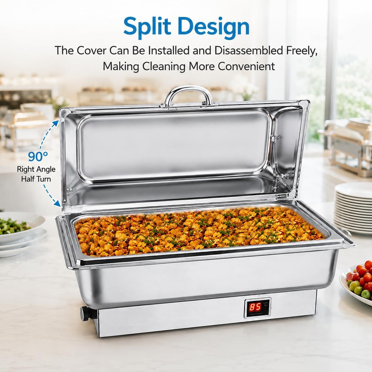 Calentador de Buffet Eléctrico 9L, Set Chafing Dish con Tapa Abatible
