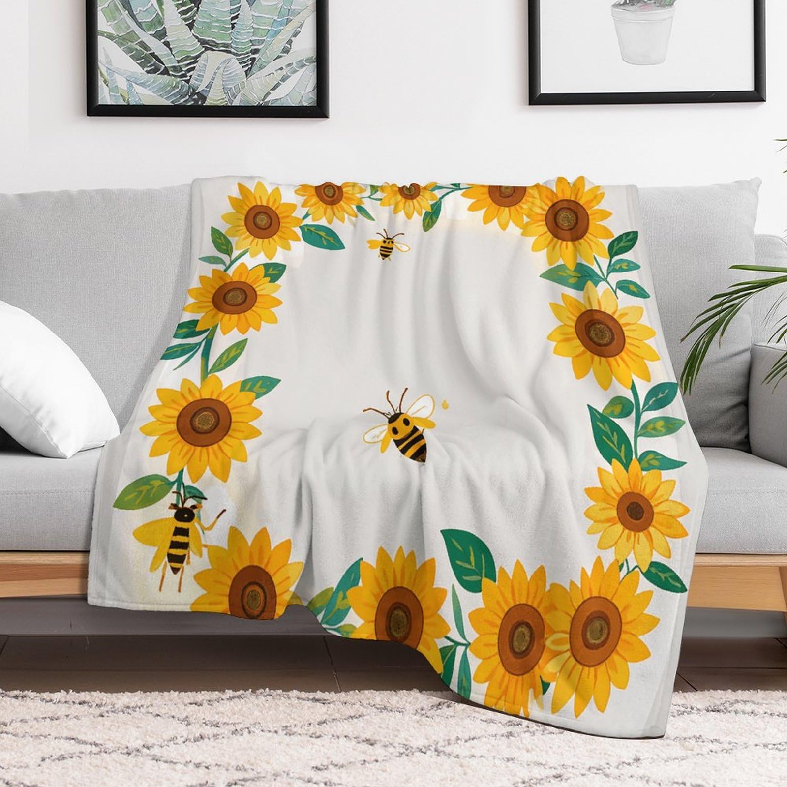 Couverture micro polaire motif abeille et tournesol 152x203 cm