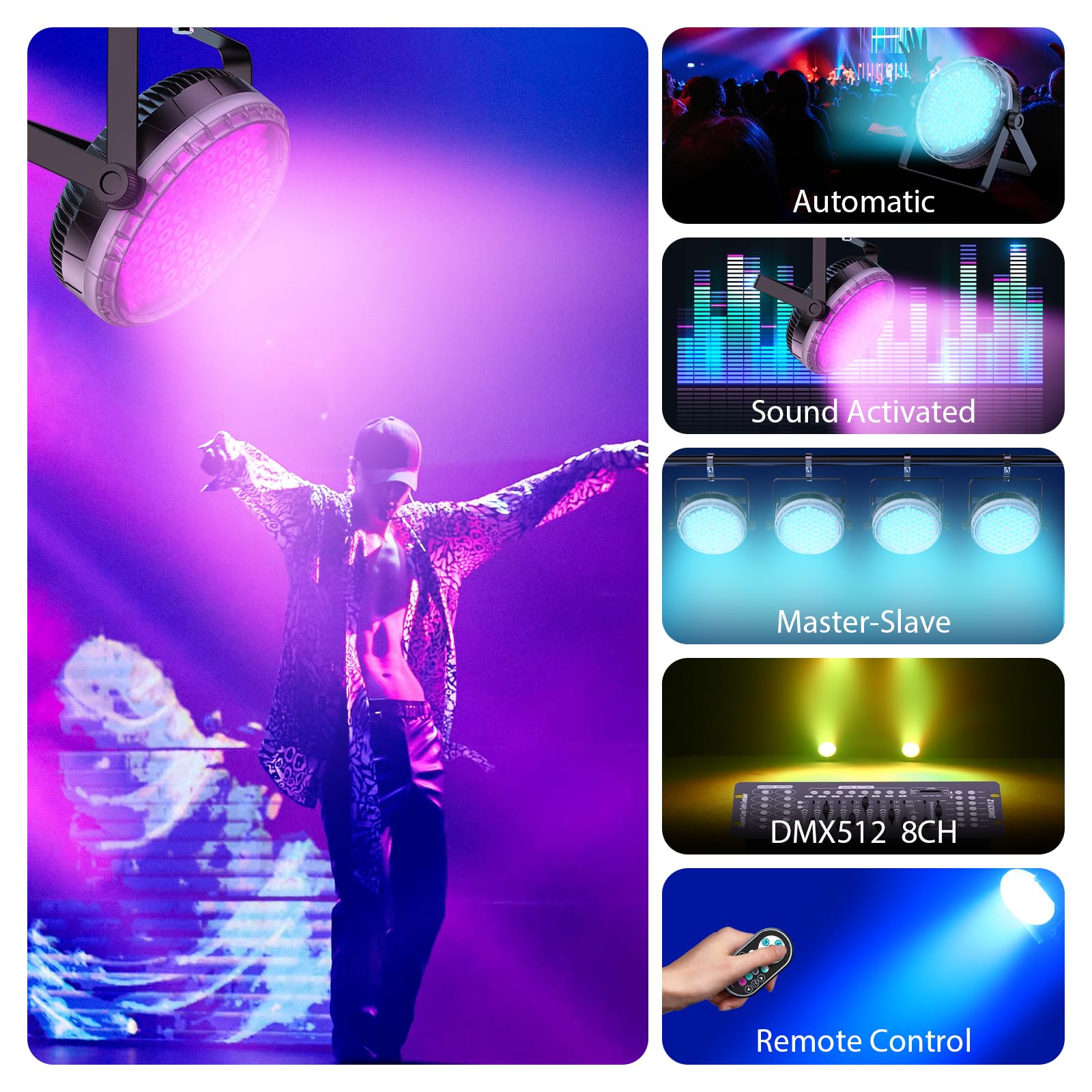 2 pezzi Par LED 120 W, luci da palco led, con telecomando, luci dj professionali RGBW 4 in 1, effetto arcobaleno, 8CH/DMX512/strobo discoteca, per feste, matrimoni, bar, club, decorazione