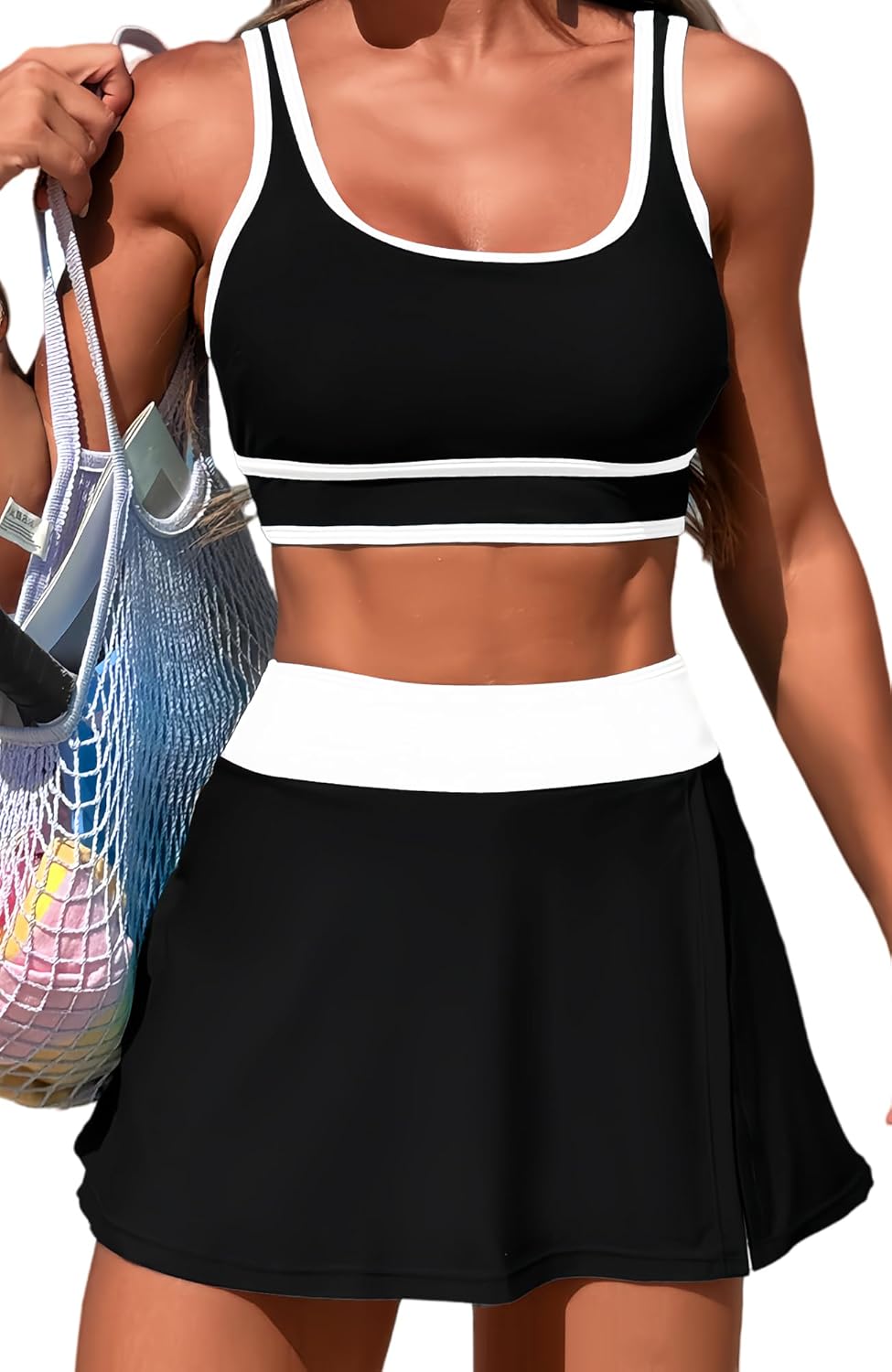 Panegy Women's 2 Piece Swimsuit Set Crop Top Skirt with Shorts Rashguard Set Swim Skirt Set