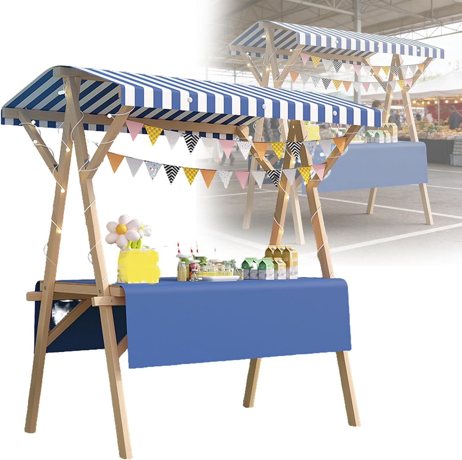 Portable Foldable Wooden Market Stall Display Table with Sun Canopy, Detachable Bunting & Tablecloth, Ideal Vendor Cart for Outdoor Markets & Craft Shows (Blue, 47.2in/120cm)