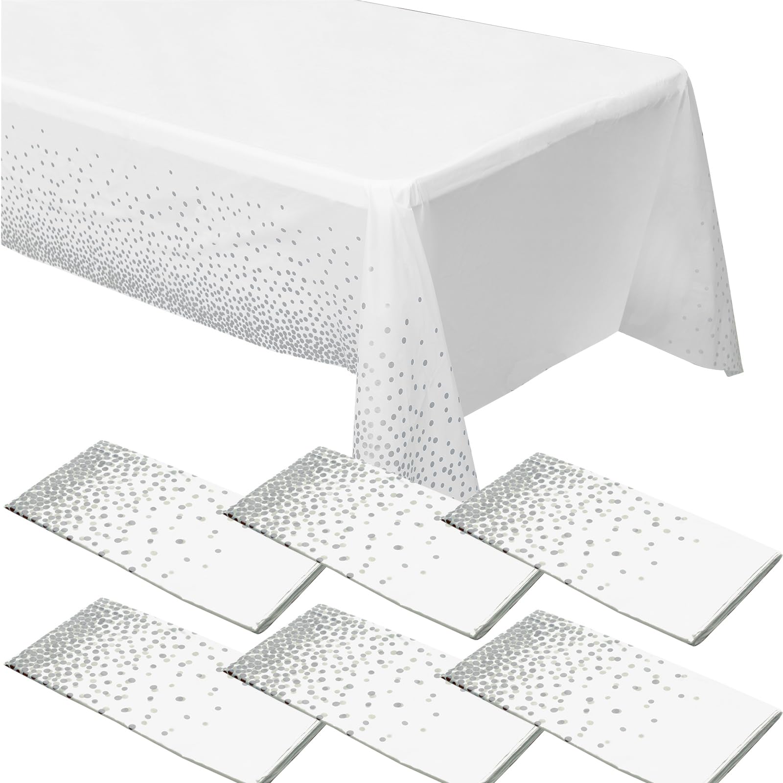 ZeriTlolen 6 Pack Silver Dot Tablecloths for Rectangle Tables, 54" x 108" White Plastic Tablecloths Disposable Waterproof Party Table Cloths Gold Dot Confetti Table Cloth for Outdoor Birthday Party
