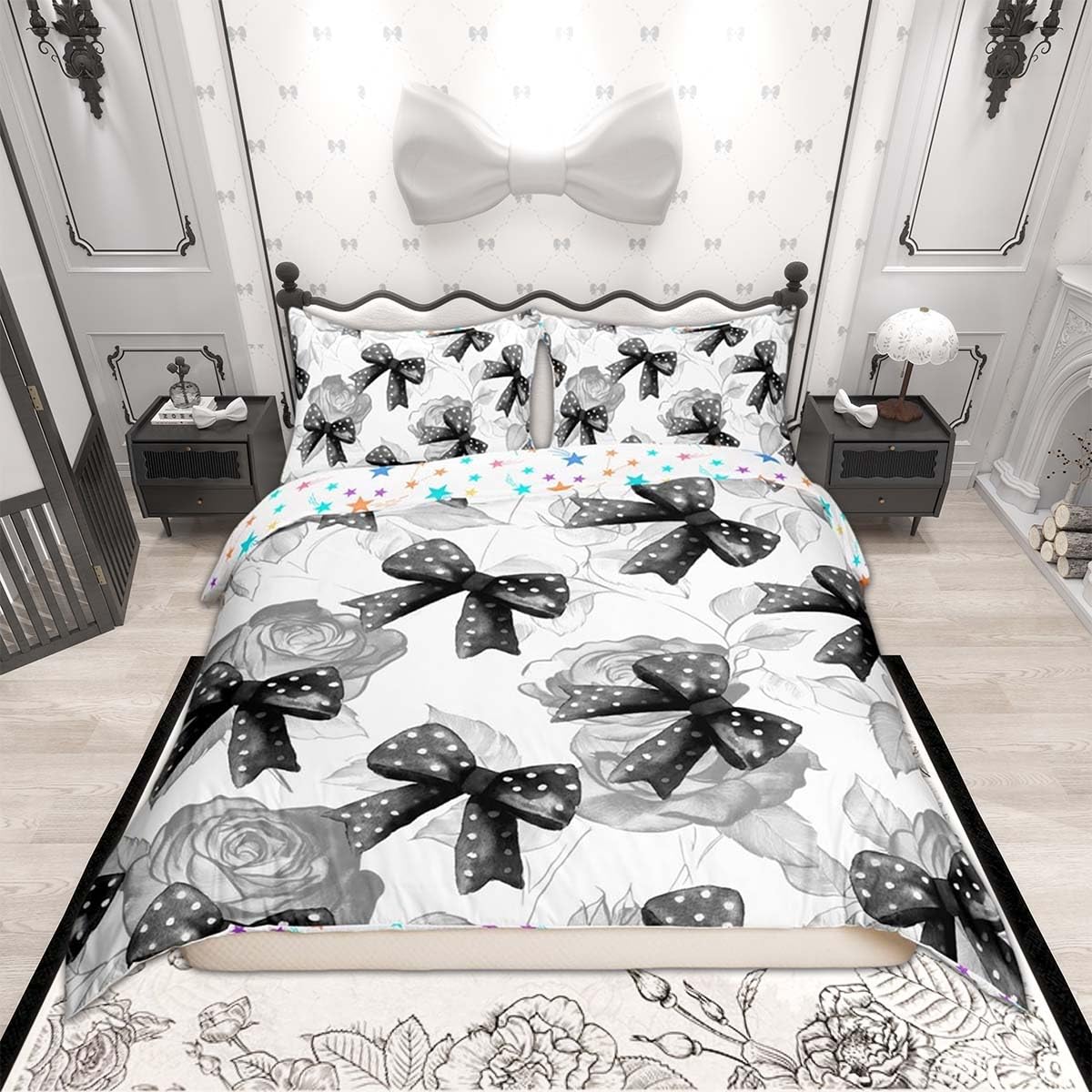 Homemissing Black White Bowknot Duvet Cover Set Double Size For Kids Girls Teens Bedroom Cute Coquette Bow Bedding Set Rose Bow Ribbon Comforter Cover with 2 Pillowcases — image 1