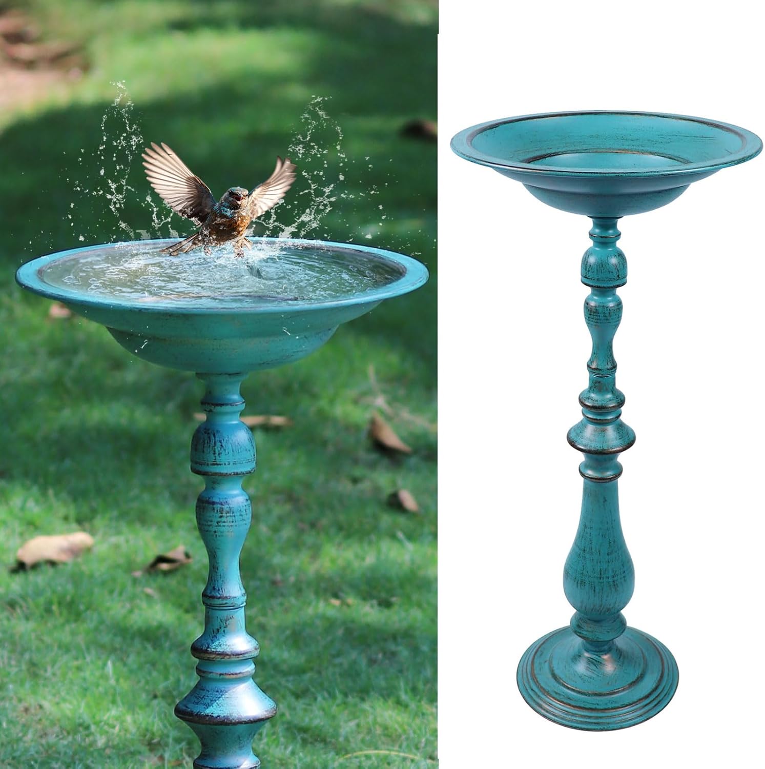 27.17”H Antique Pedestal Bird Bath,Bird Baths for Outdoors, Metal Bird Bath Bird Feeder Seed Tray for Garden Yard Decor (Retro Blue Green)