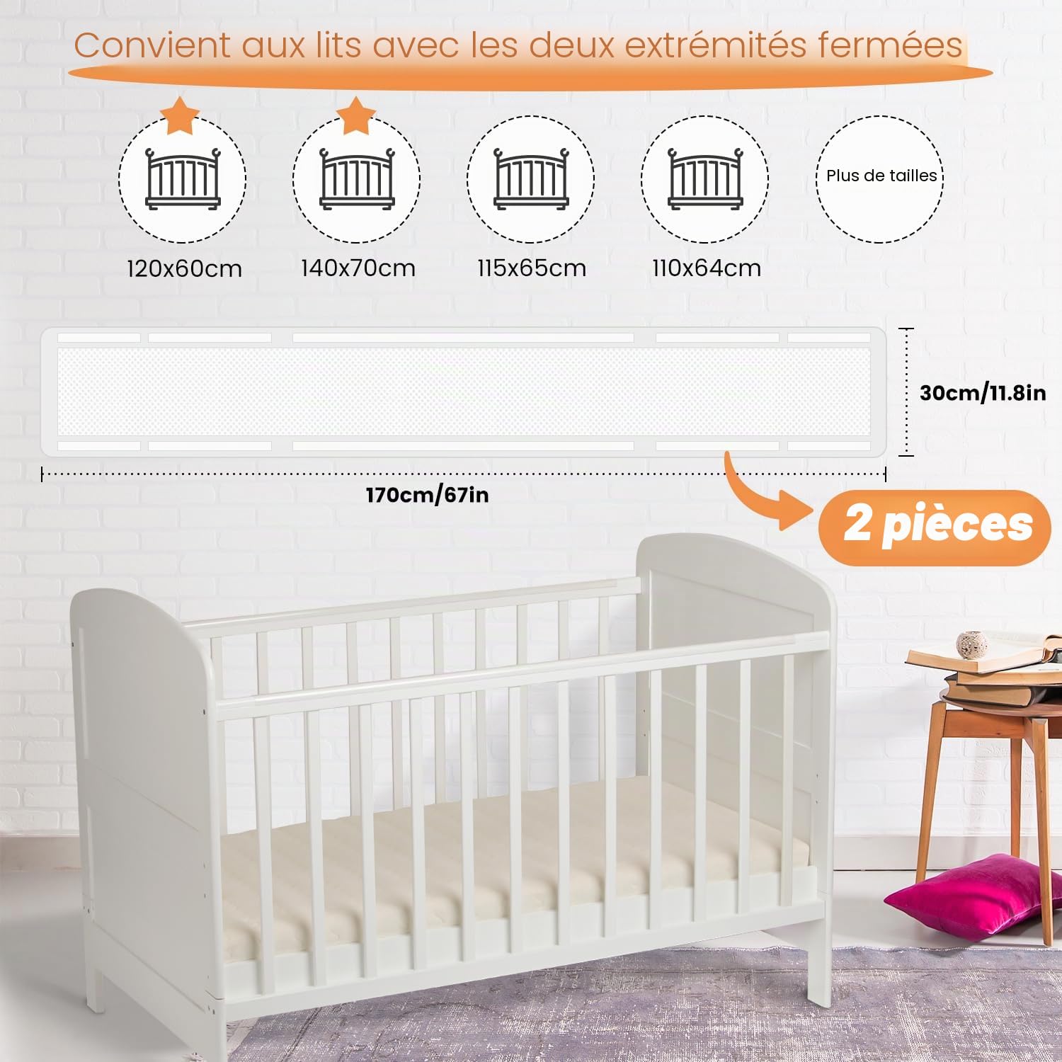 Lot de 2 tours de lit respirants en maille pour lit de bébé, coussinets rembourrés pour un sommeil sûr et confortable, design réglable, 32 x 22 cm, léger et durable, blanc