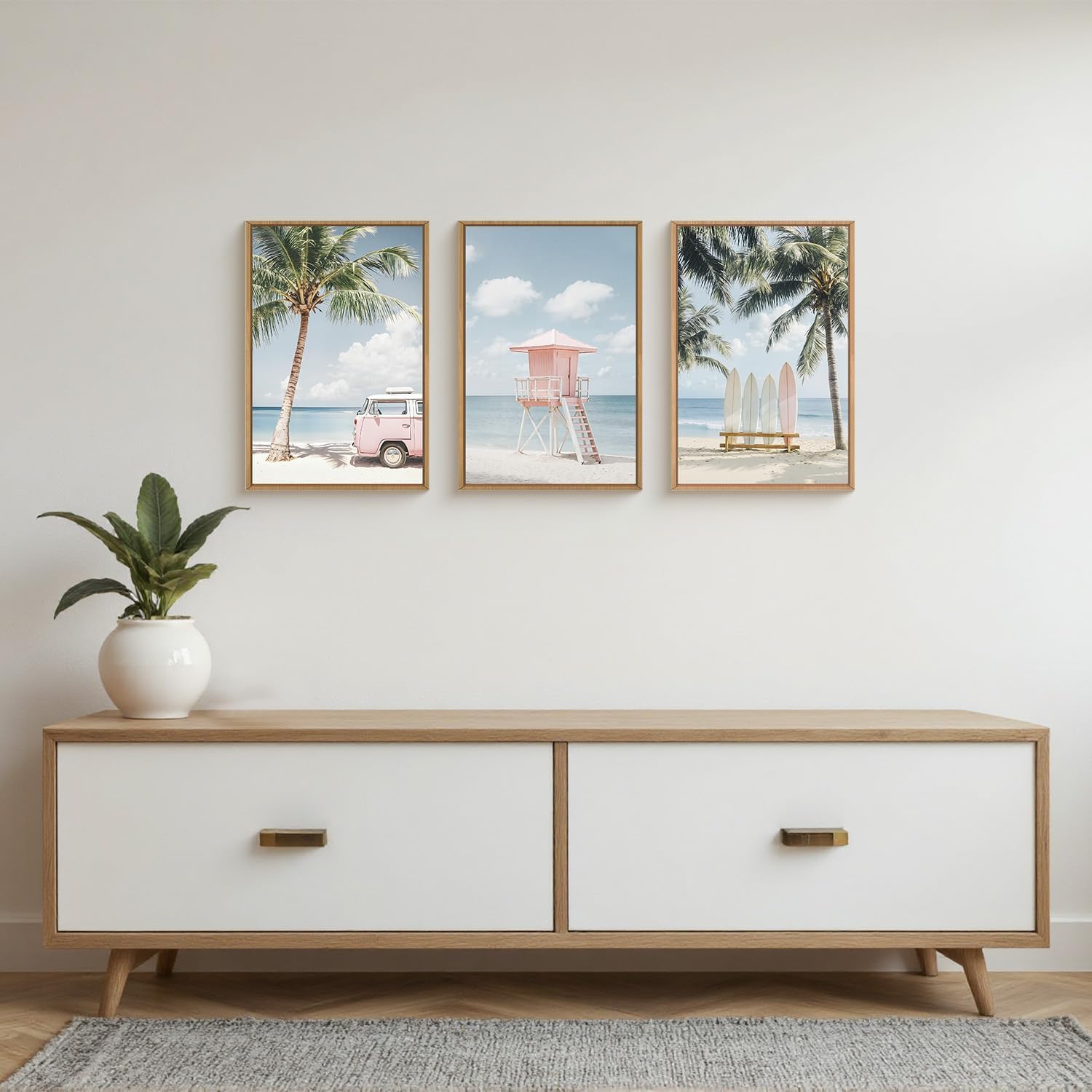 TOARTi Pastell Rosa Palme Leinwanddrucke Tropische Surfbrett Sommer Dekor Gerahmte Strand Wandbilder 3er Set Modern Tropische Wanddekoration mit Bulli für Wohnzimmer Schlafzimmer Badezimmer 30x40CM