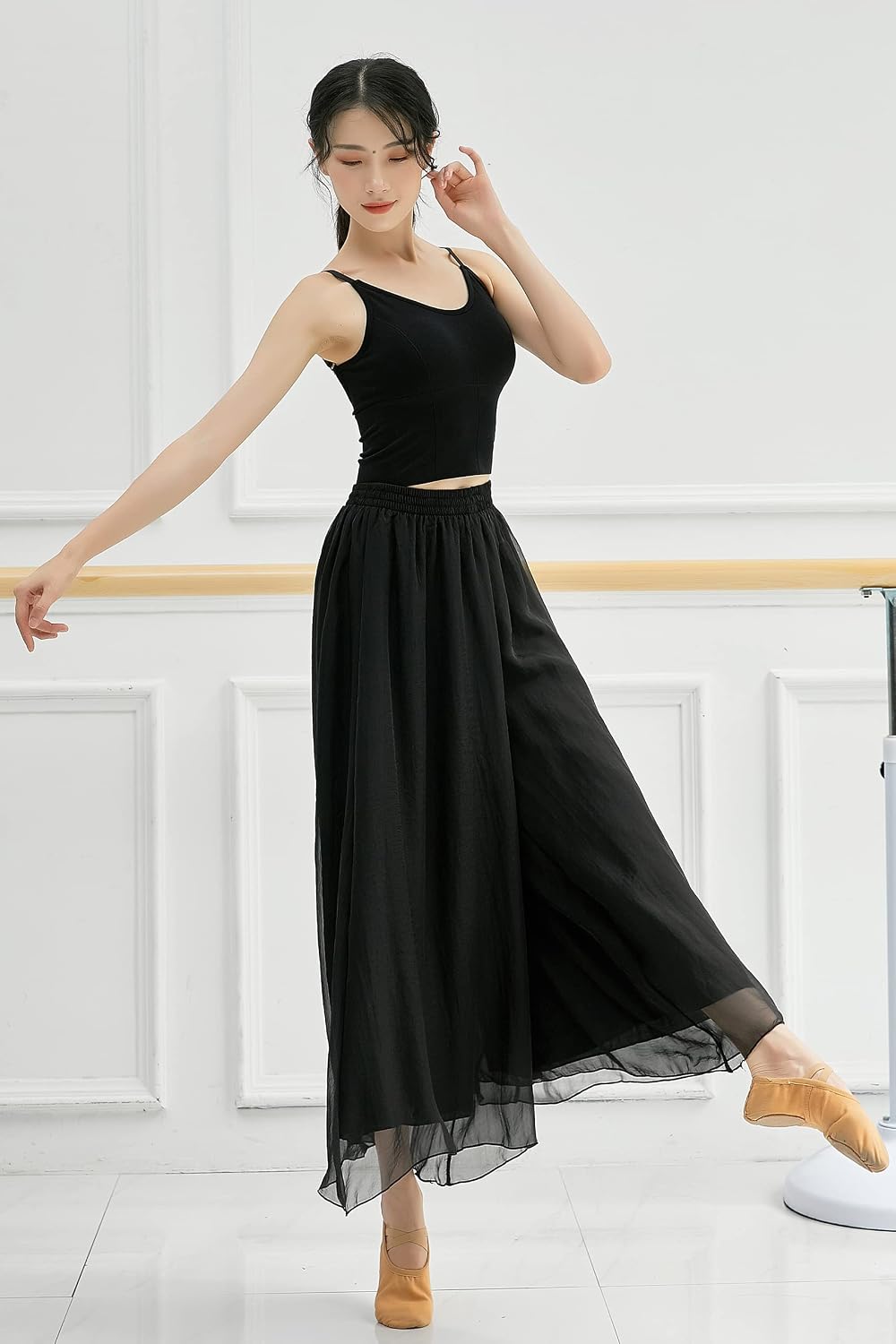Angcoco Women's Double Layered Wide Leg Loose Fit Chiffon Pants for Dance Performance
