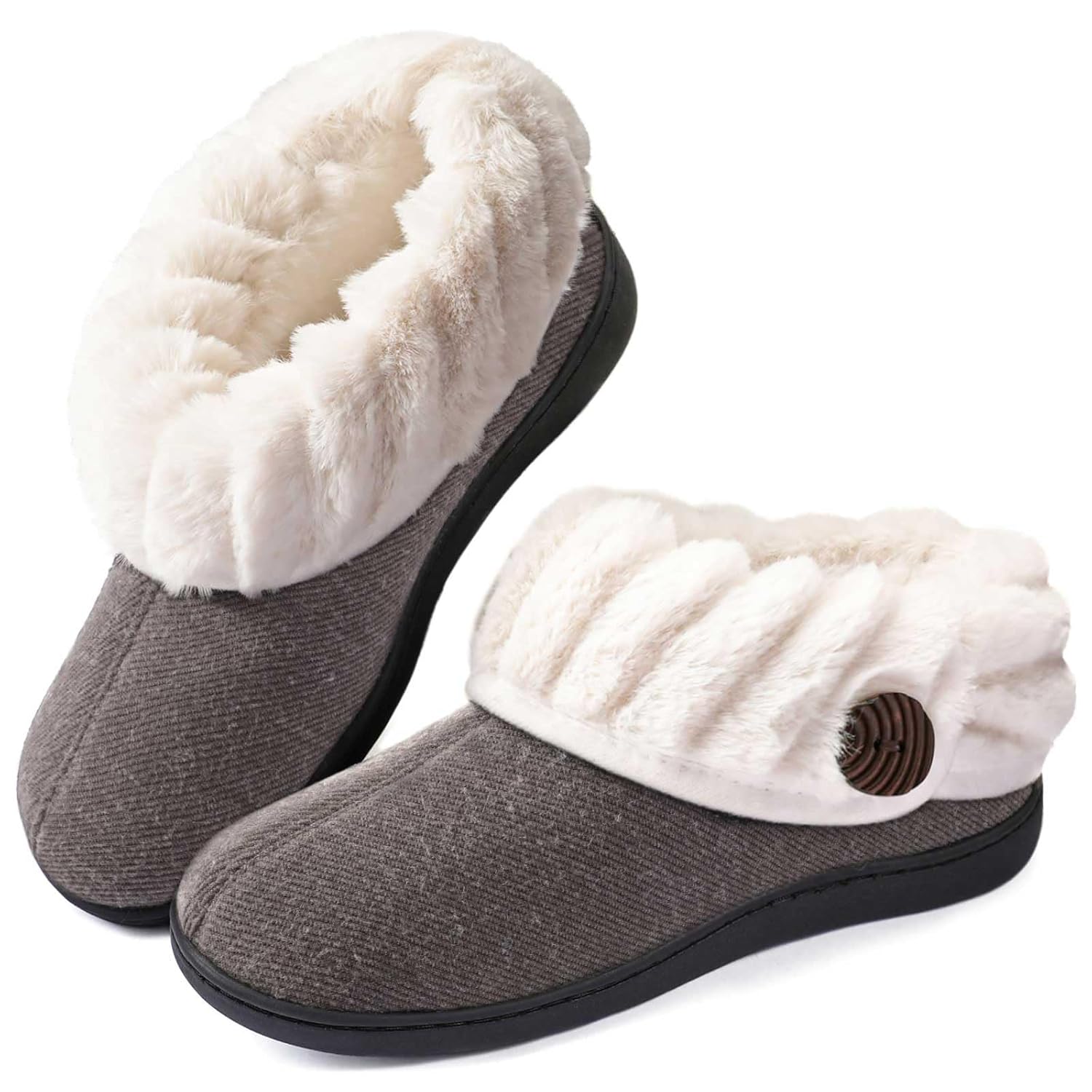 Wishcotton Womens Wool Cozy Memory Foam Winter Slippers Indoor Outdoor with Fuzzy Faux Fur Collar