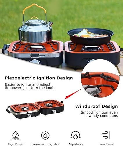 Miniatura 2 de BakerStone Estufa de campamento de propano 2 quemadores ajustables con 20,000 BTU, estufa de campamento plegable portátil para exteriores, estufa de