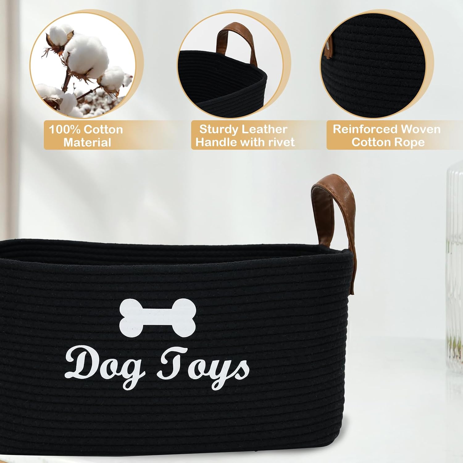Large Cotton Rope Dog Toy Basket Storage,16.5"x10.6"x 7.5" Dog Toy bin,Puppy toy basket,-Perfect for organizing pet toys,blankets,leashes,pee- mats and diapers-Black