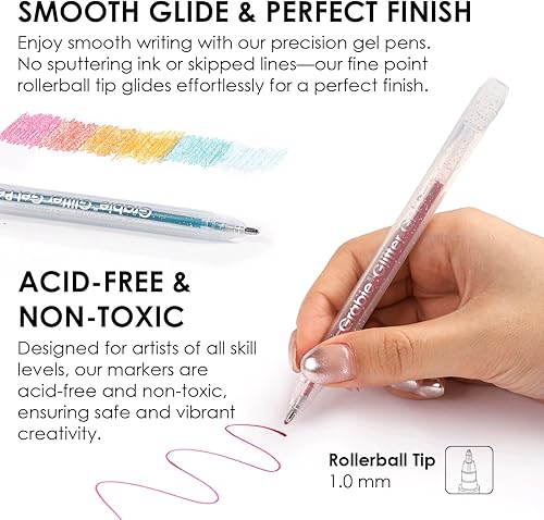 Miniatura 5 de Grabie Juego de 42 bolígrafos de gel con purpurina con tapa, 18 bolígrafos iridiscentes y 24 bolígrafos de colores esenciales, punta redonda suave,