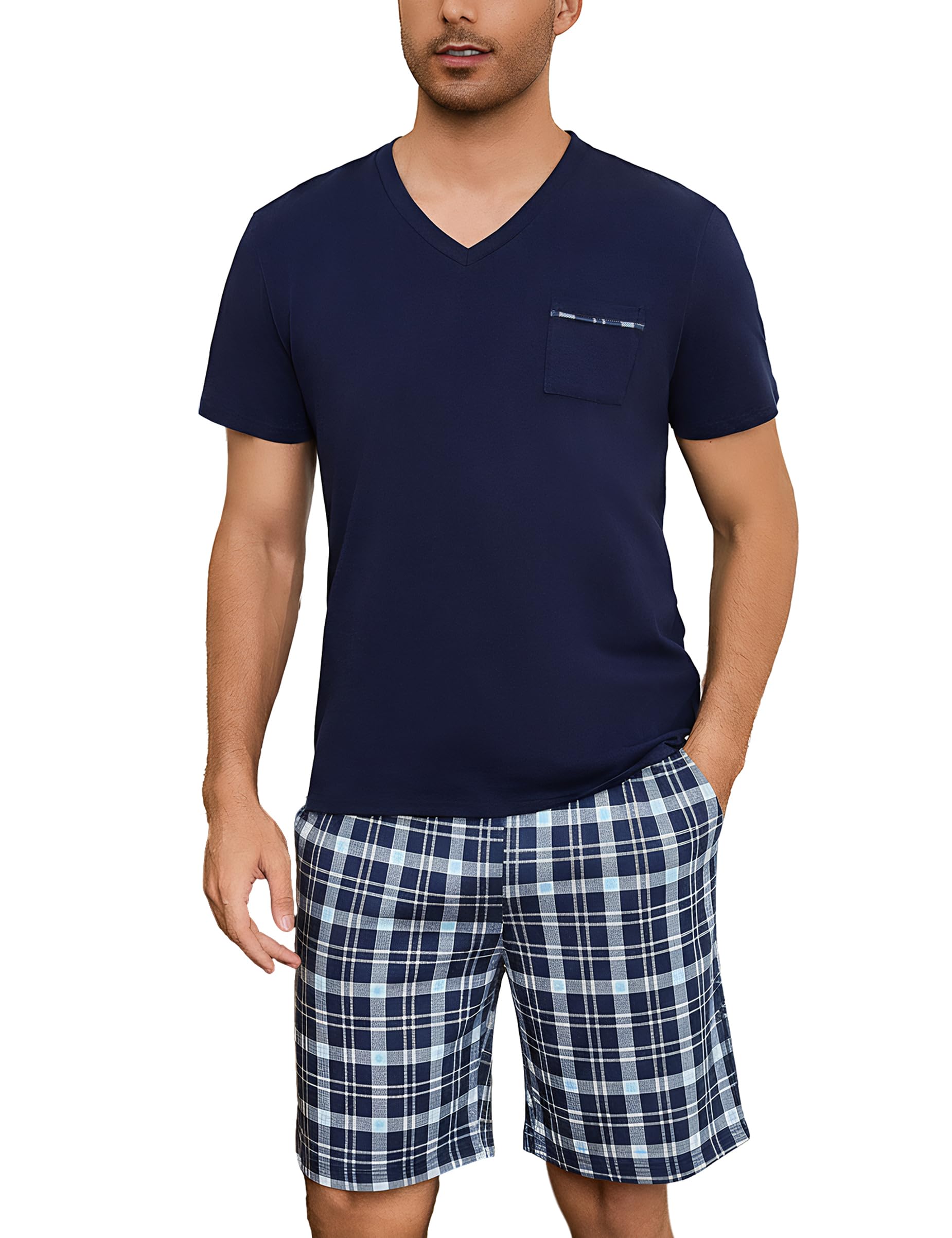 Bresdk Pyjama Herren Schlafanzug Kurz Baumwolle Sommer Set für Männer Nachtwäsche Kariert