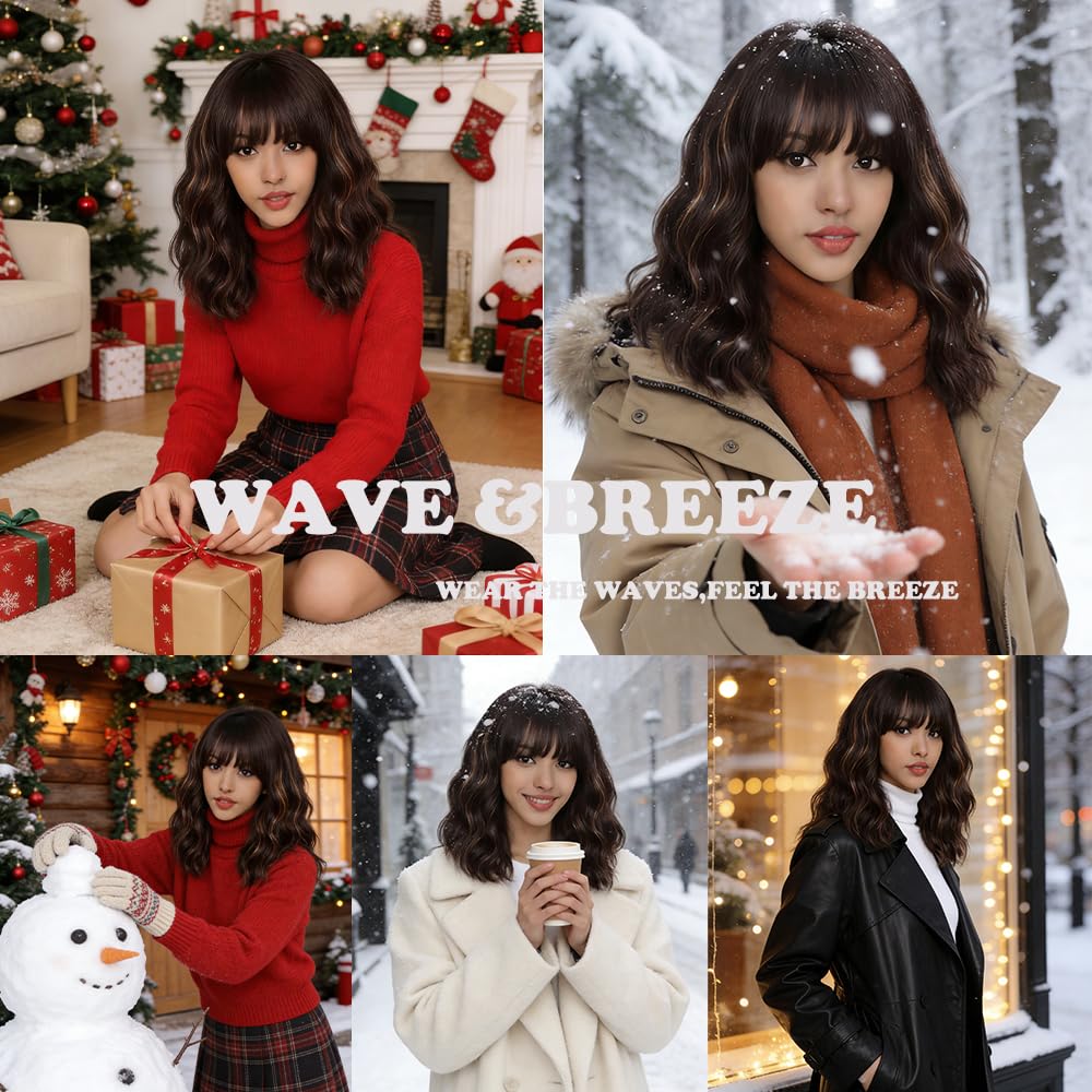 WAVE&BREEZE Short Brown Wavy Wigs with Bangs 14Inch Blonde Highlight Curly Bob Wig for Women Shoulder Length Natural Looking Hair Replacement Wig for Daily Party Use Cosplay Costume Halloween Wig - Image 3