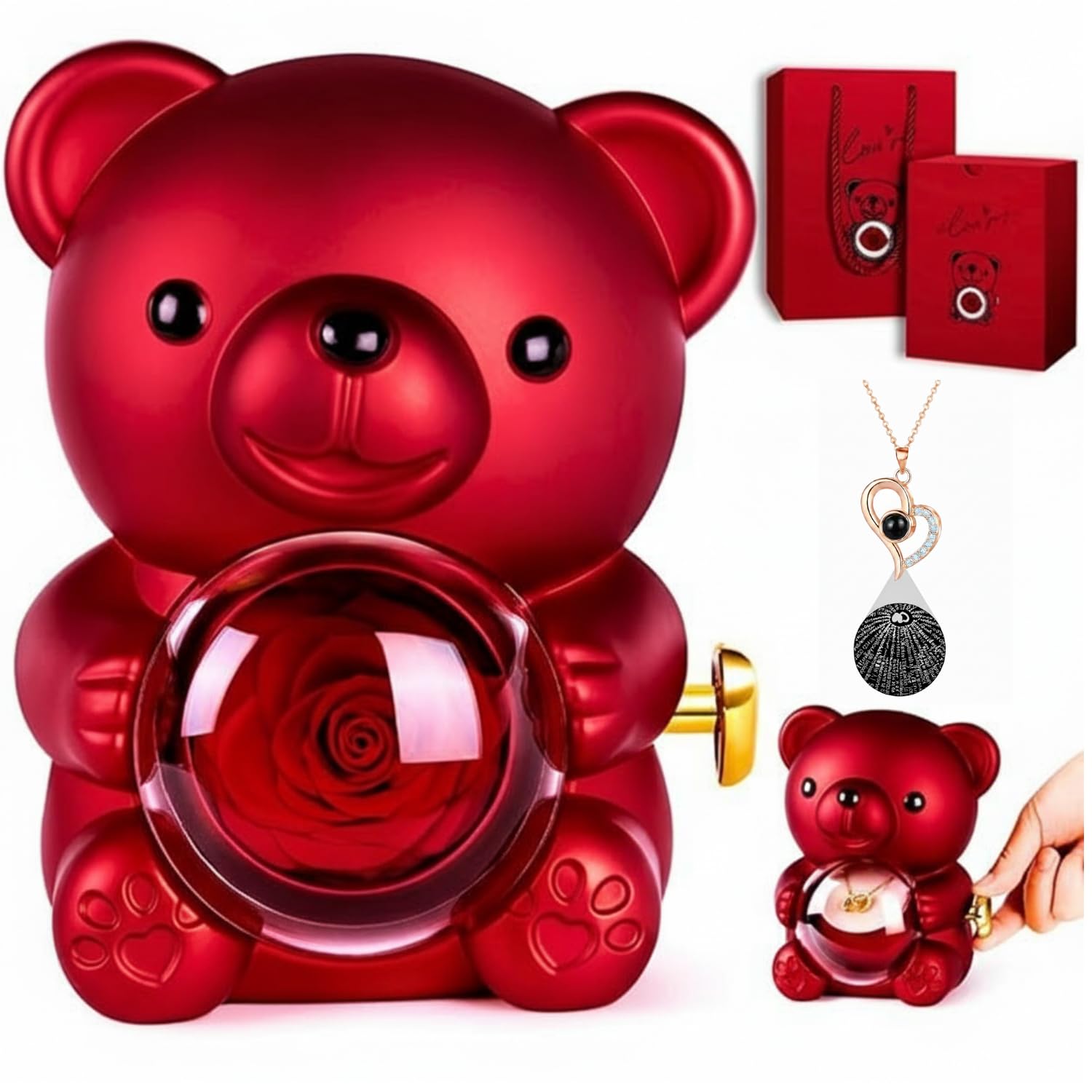 Romantic Teddy Bear Gift with Rose & Necklace - I Love You -1