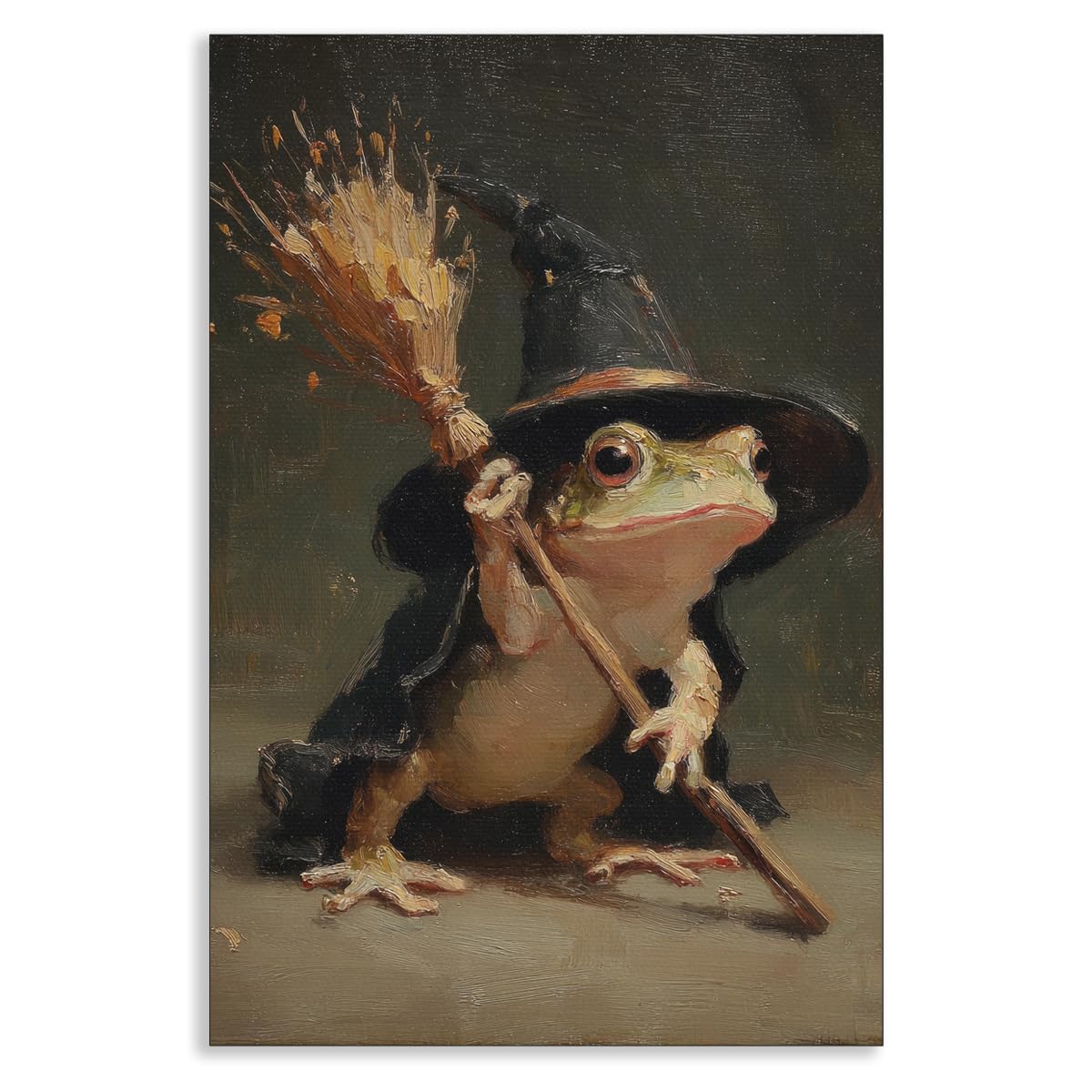 OAOPIC Halloween Witchy Canvas Wall Art, Vintage Toad In Witch Hat with Broomstick Poster, Whimsical Gothic Dark Academia Wall Decor, Goth Spooky Halloween Frog Picture Painting 12x16in Unframed