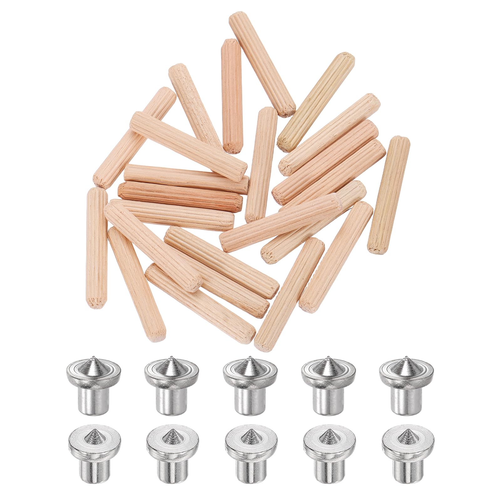 sourcing map 200Pcs Wood Dowel Pins, 5 x 30 mm Wooden Dowel Rods Straight Grooved Pins with 10Pcs Solid Hollow Dowels Tenon Center Transfer Plugs for Furniture Woodworking DIY Project