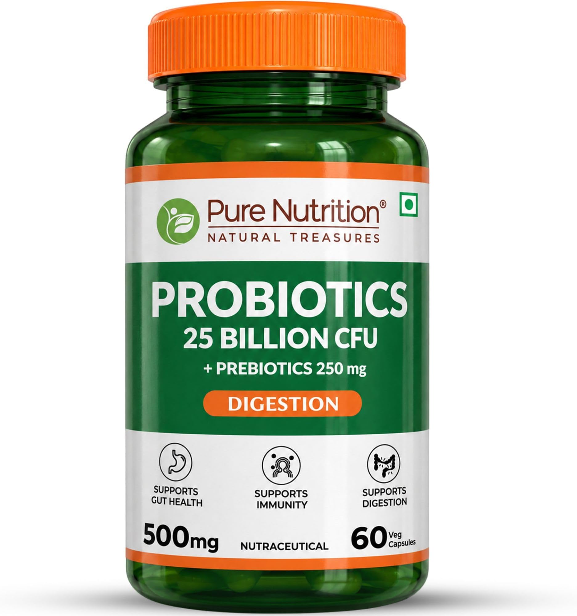 Pure Nutrition Probiotic + Prebiotic, 60 Veg Capsules (500mg) | 25 Billion CFU & 250mg Prebiotics for Men & Women | Improves Gut Health, Helps Digestion, Boosts Immunity & Eases Bloating