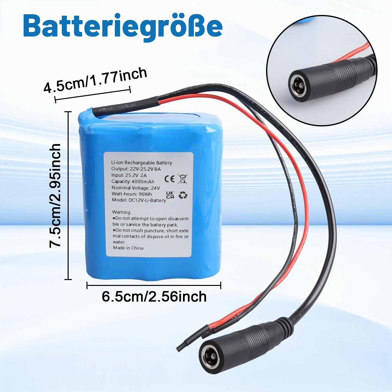 24V 4000mAh Akku mit Ladegerät und Kabelanschluss, geeignet für DIY-Projekte, Solarstraßenlaternen, Überwachungskameras, Lautsprecher, Sprühgeräte, Modelleisenbahnen, Boote und Spielzeugautos