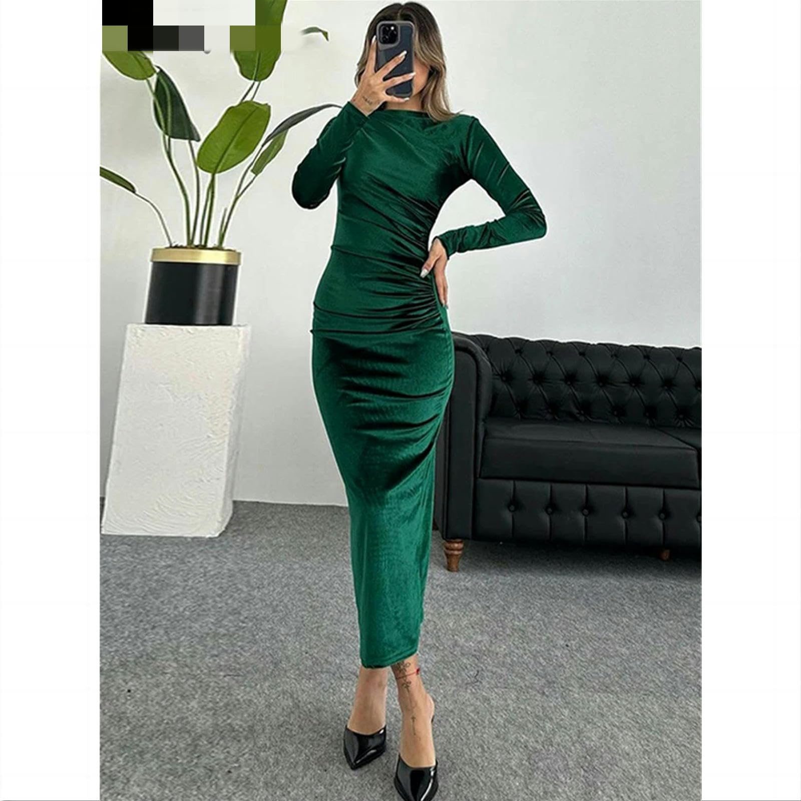 Damskie sukienki z długim rękawem O Neck damskie ubrania bodycon sukienka midi marszczona elegancka sukienka na imprezę zimowe